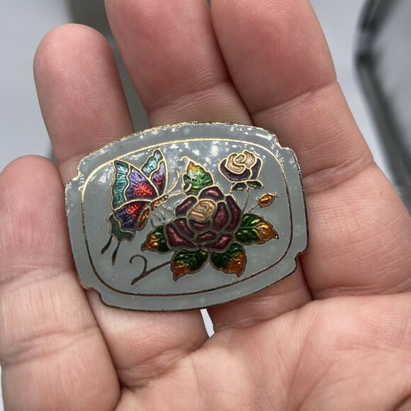 VTG 80s/90s Stretch Waist Belt Braided Cord Gray Cloisonne Butterfly Rose Buckle - Picture 2 of 11